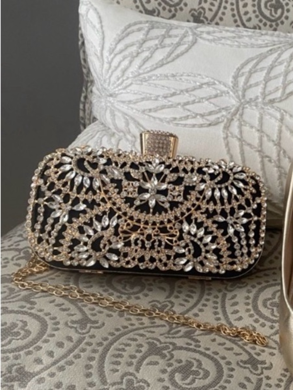 Black Clutch with Clear Crystal-Embellished with Gold